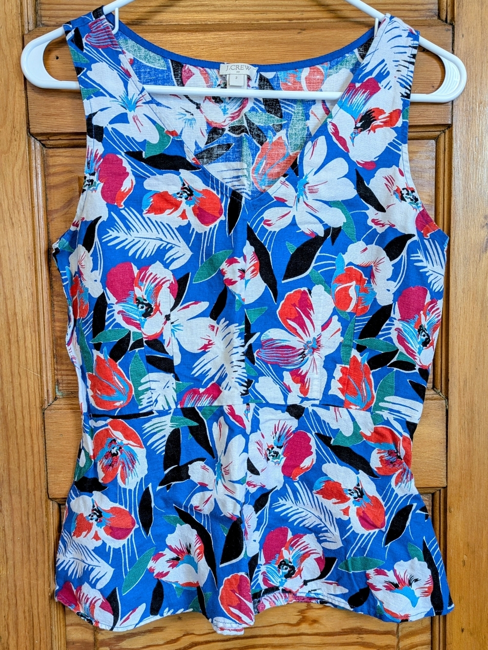 J. Crew Blue White And Red Topical Floral Sleeveless Linen And Cotton Peplum Top